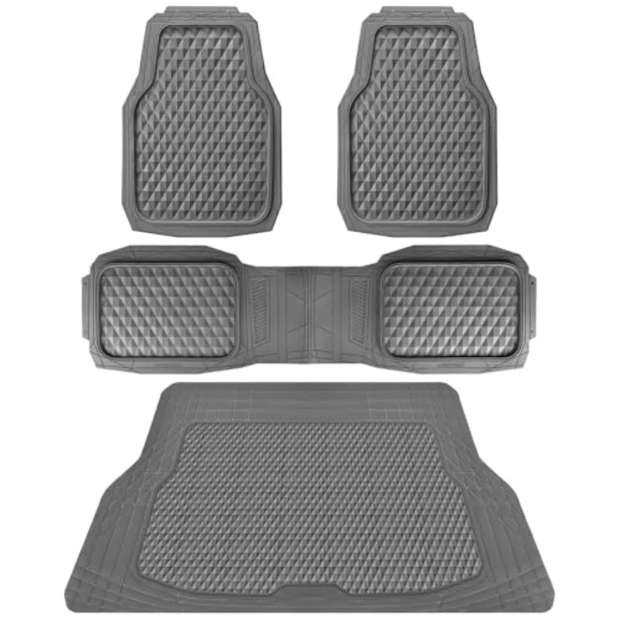 

Heavy Duty Rubber Gray Car Floor Mats Cargo Liners for All-Weather Use, Deep Dish 3D Rhombus Design, Waterproof Anti-Slip Trim-
