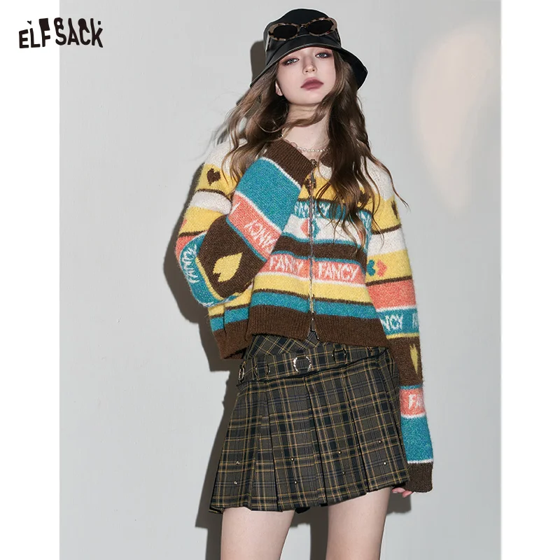 ELFSACK Y2K 2000s Zip Up Sweaters Women 2023 Winter Retro Long Sleeve Knitwears