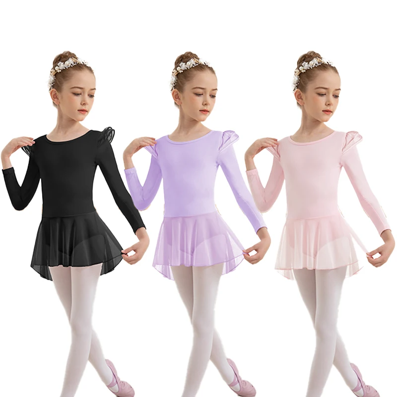 女の子用バレエレオタード、幼児用フリル袖ハイローファインメッシュスカート、キッズ用長袖ダンスドレス