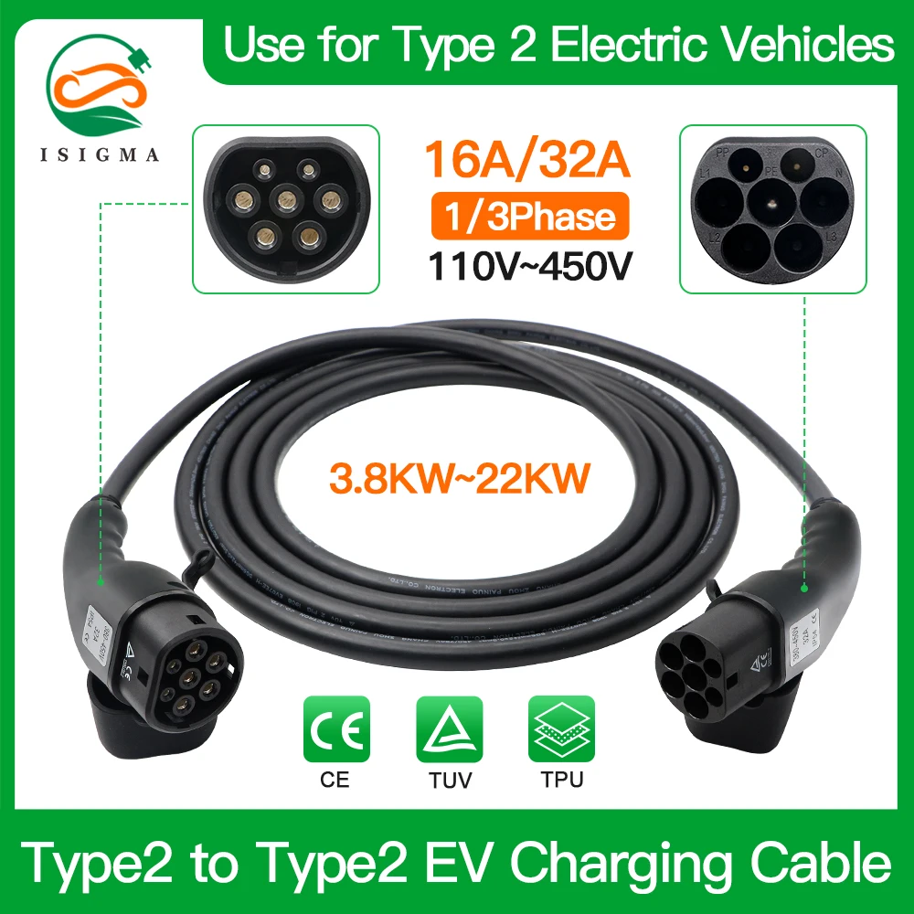 

ISIGMA Type2 to Type2 16A 32A 1/3 Phase 3.8~22kw EV Charging Cable IEC62196-2 EV Plug 3.5m/4m Cable 200V~450V TPU Material Cable