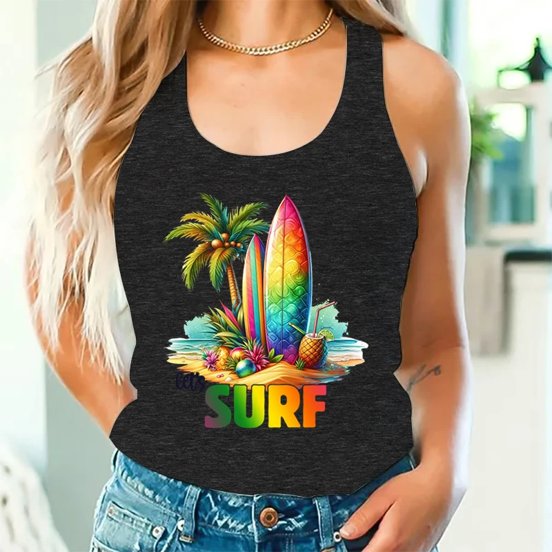 Let's Surf Happy Summer Outfit Women Colorful Tropical Summer Gift Racerback Tank Top Surfing Lover Essential Fashion Woman Tops