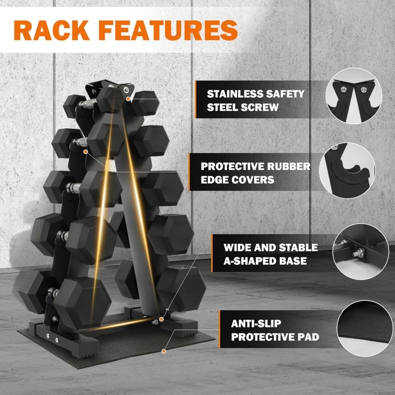 Home Gym Exercise Strength Training Rubber Coated Hex Dumbbell Weight Set Storage Rackpromote sales