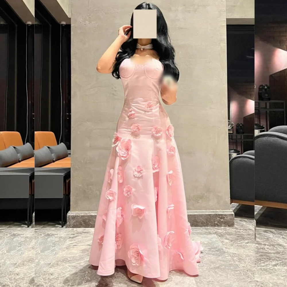 

Customized Intricate Matching Charmeuse Flower Pleat A-line Strapless Long Dresses Bespoke Occasion Retro