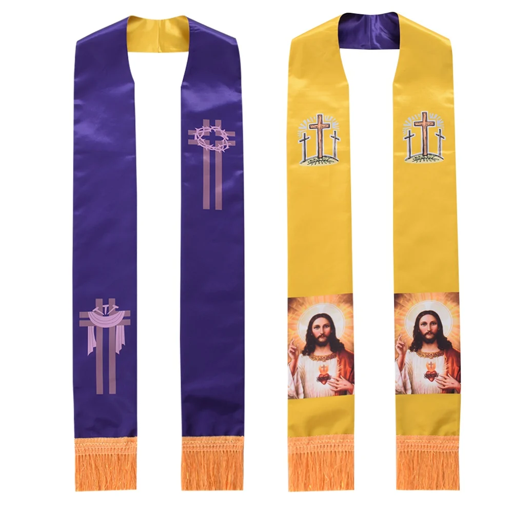 Catholic Priest Clergy Stole Cross Figure Pattern Mass Scarf with Tassels Church Reversible Stole