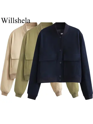 Willshela-Chaqueta Bomber Lisa para mujer, abrigo con bolsillos, cuello en V, manga larga, botonadura única, trajes elegantes para mujer