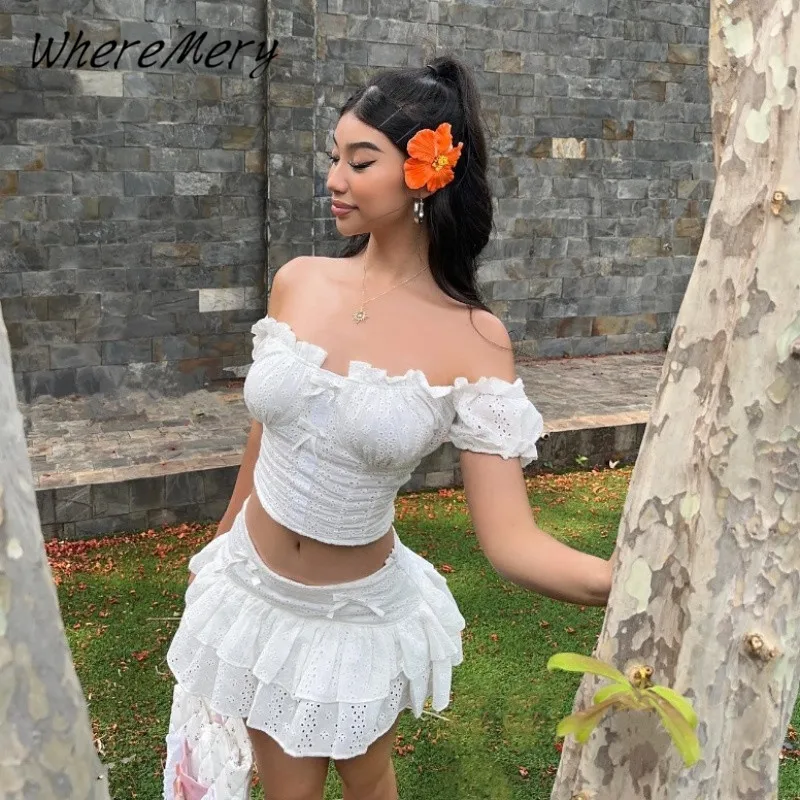 WhereMery Leisure Aesthetics Y2K Slim Two Piece Puff Sleeve Crop Top Ruffled Mini Skirt High Street Party Set Summer Basics 2024