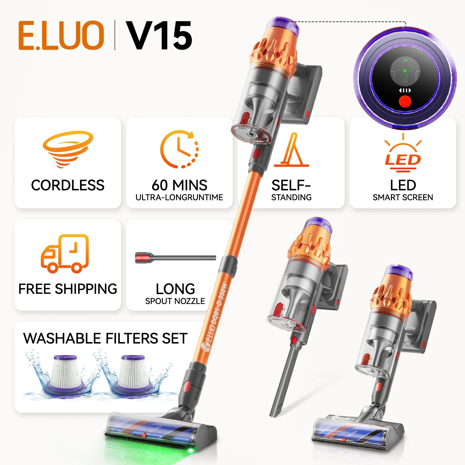 Cordless Vacuum Cleaner, 60KPa Powerful Stick Vacuum with 60Min Runtime, Smart Dust Detection, LED Touch Screen Display, Pet Hair Vacuum for Hard Floors, Carpets and Home Cleaning