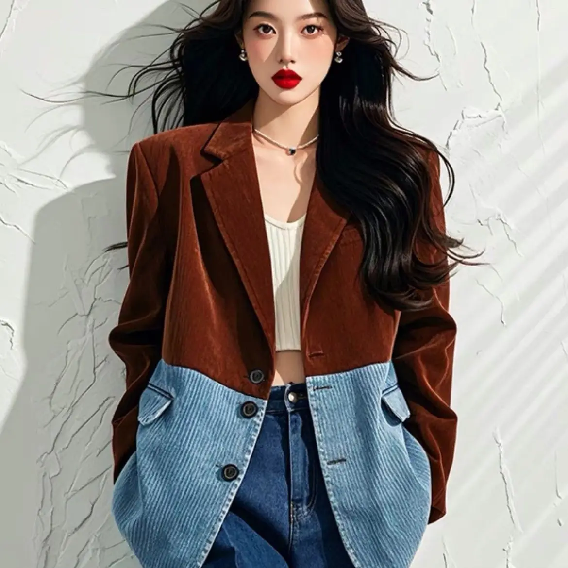 

Women's Coffee Color Splicing Corduroy Jacket Autumn Casual Top Oversize Clothes Female Fashion Long Sleeved Warm Thin Coat