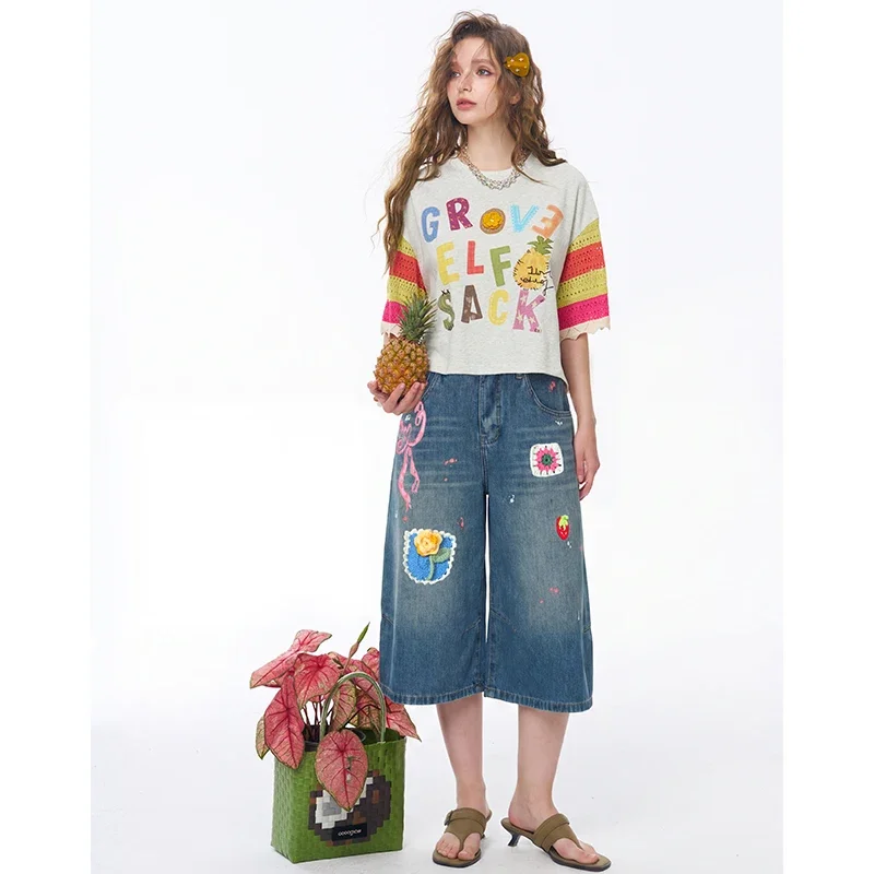 ELFSACK Cropped Flare Sleeve Tee with Colorful Letter Pineapple Print, Fringe Trim Patchwork Cuff T-shirt