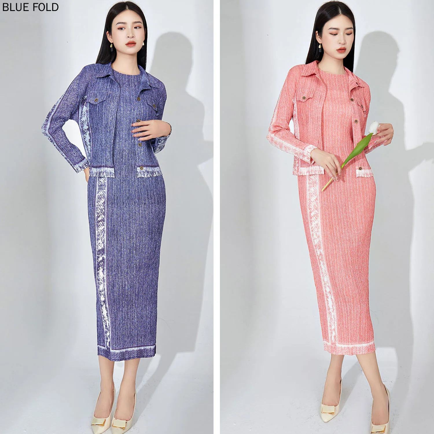 

MIYAKE-Women's Pleated Denim Suit, Long-Sleeved Cardigan Jacket Versatile Sleeveless Dress, Temperament, Casual Fashion, 2-Piece