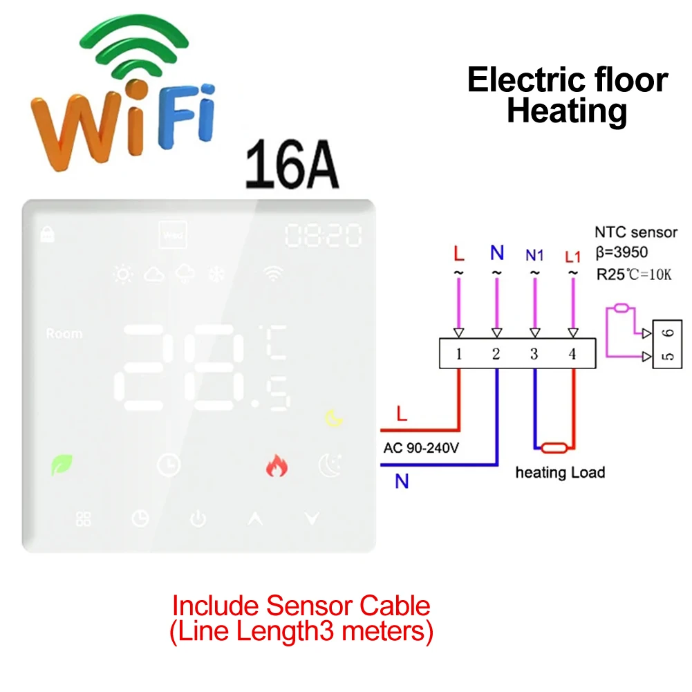 

Цифровая интеллектуальная настройка, температура, тепло пола, версия, установка Wi-Fi, сенсорный ЖК-экран, сенсорный ЖК-экран
