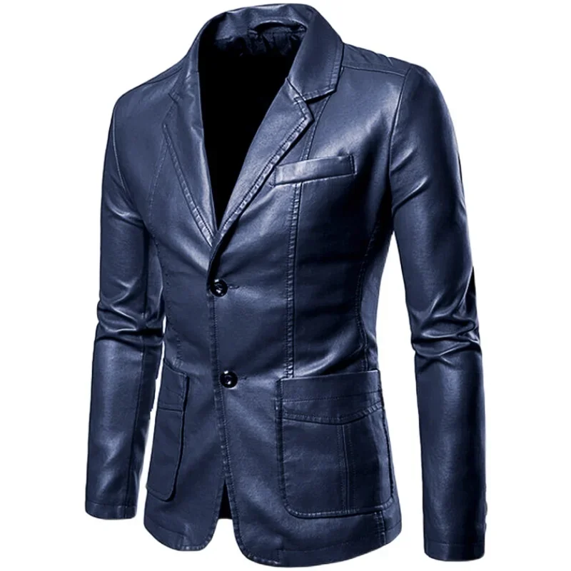 Leather blazer man 2024 spring autumn fashion men's leather jacket dress suit coat male business casual Pu black blazers jacket