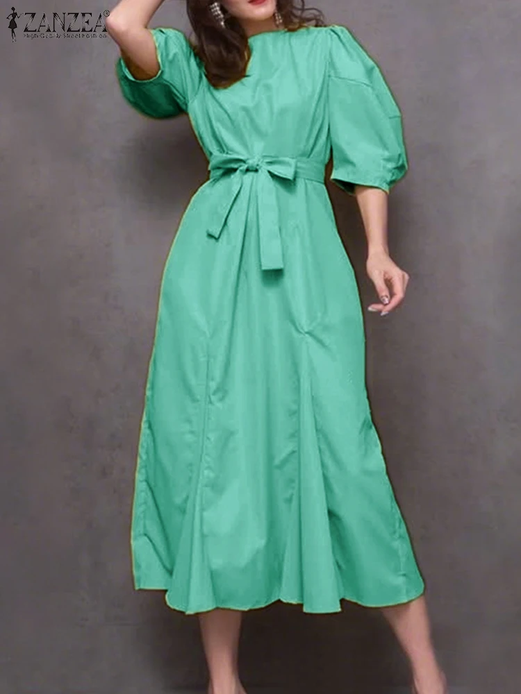 ZANZEA 2025 Frauen Lange Hemd Rüschen Kleid Mode Lässig Solide Elegante Büro Party Vestidos Belted Puff Sleeve Straße Midi Robe