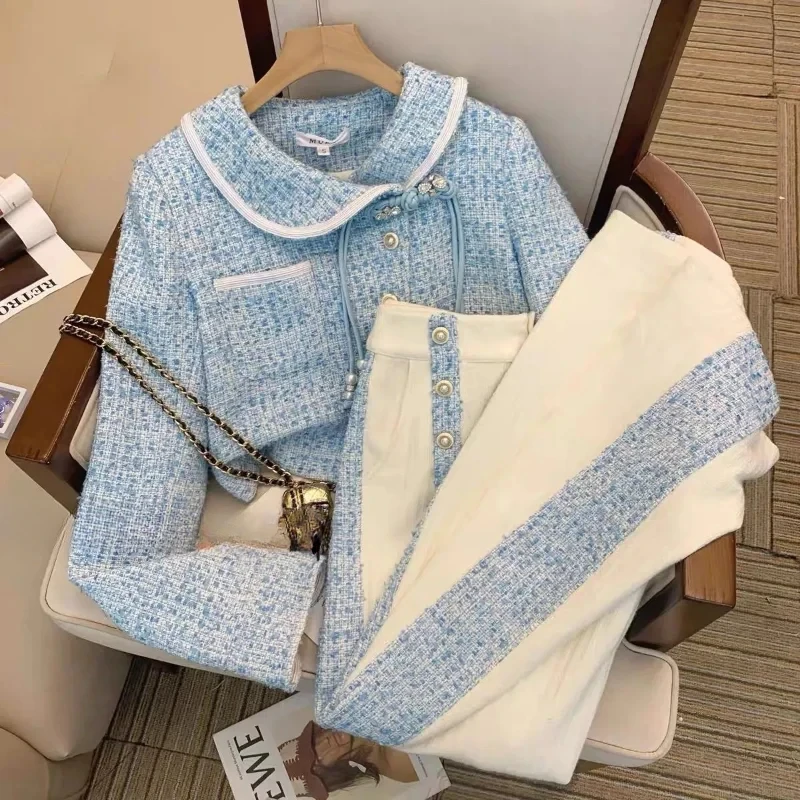 

Spring Fashion Elegant Peter Pan Collar Chic Tassel Vintage Women Coat Blue Tweed Jacket High Waist Long Pants New Two Pieces