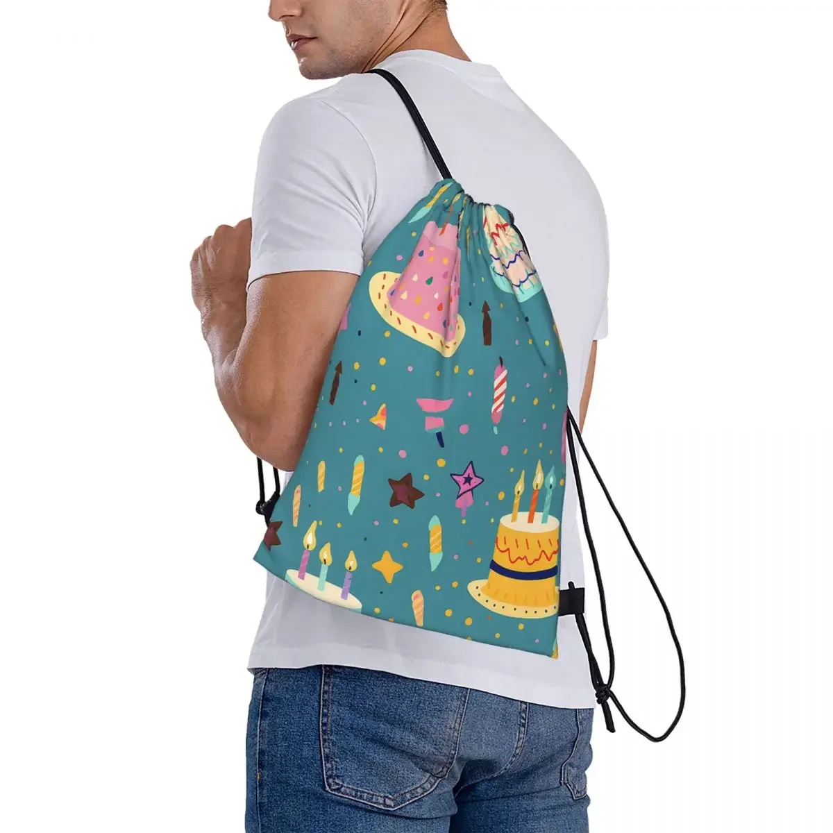 Mochilas con patrón de celebración de fiesta de feliz cumpleaños, bolsas con cordón portátiles a la moda, paquete de cordón, bolsa deportiva de bolsillo, bolsa de libros