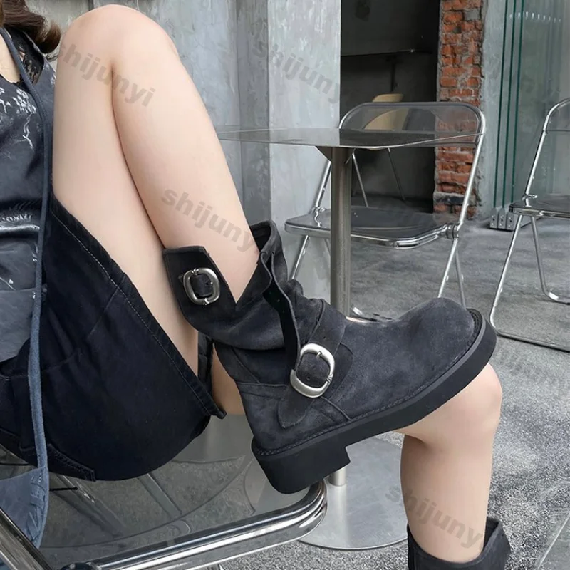 Women Pile Ankle Boots Fashion Designer Suede Short Boot Ladies Autumn Winter Casual Vintage Metal Buckle Chelsea Botas Mujer