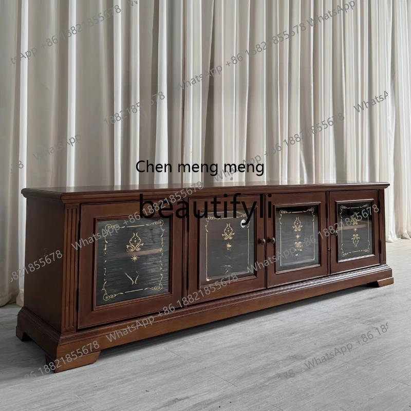 American solid wood carving flower retro TV cabinet four doors glass locker