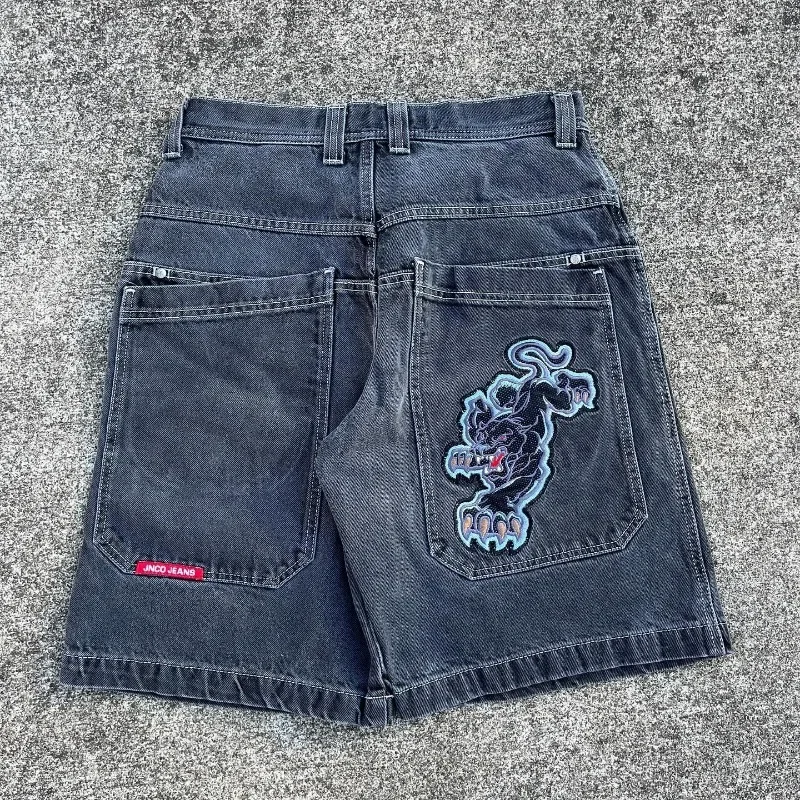 Harajuku Y2K celana pendek jeans Hip Hop pria wanita, pakaian jalanan celana pendek basket Gotik motif vintage musim panas untuk pria dan wanita