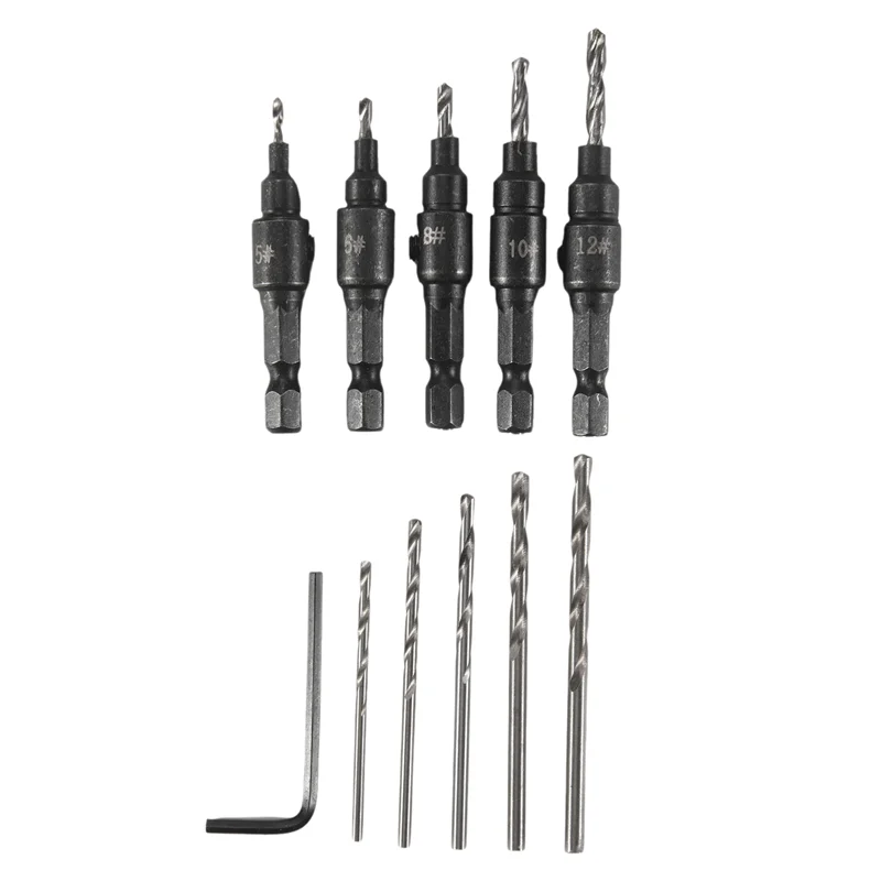 

ABAH-5-Piece Set Of 3/8-Inch Quick-Change 82° Chamfer Adjustable Drill Bits,HSS Wood Drill Bits Sink Hole Drilling Tool Kit