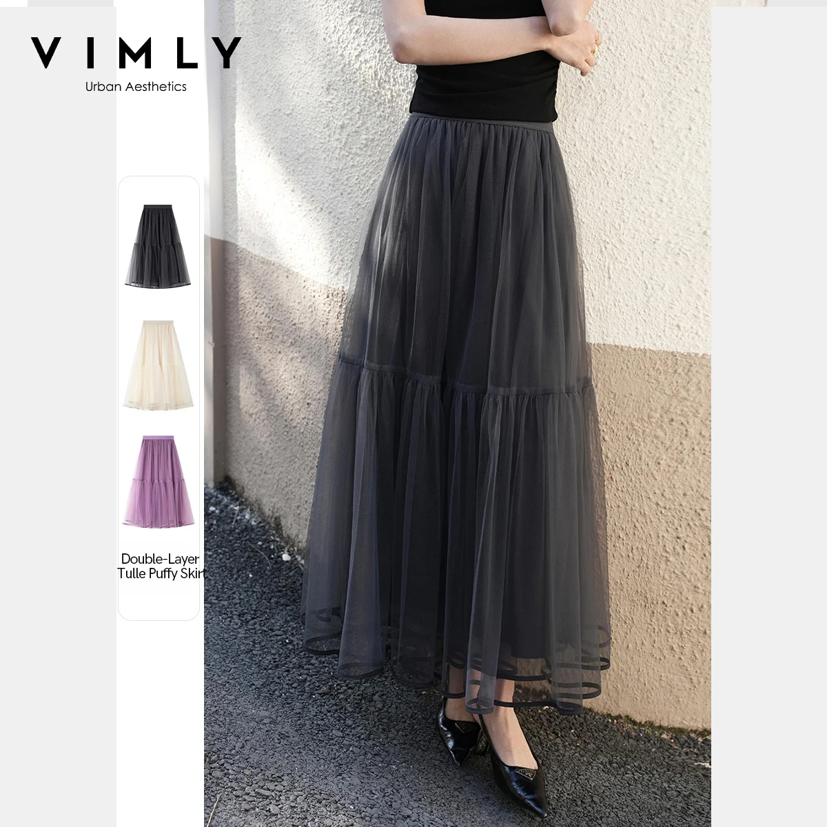 

VIMLY French Sheer Mesh Midi Skirt Women Autumn 2025 Elegant High-Waisted Skirts Solid Elastic Waist Loose A-Line Skirt A0330