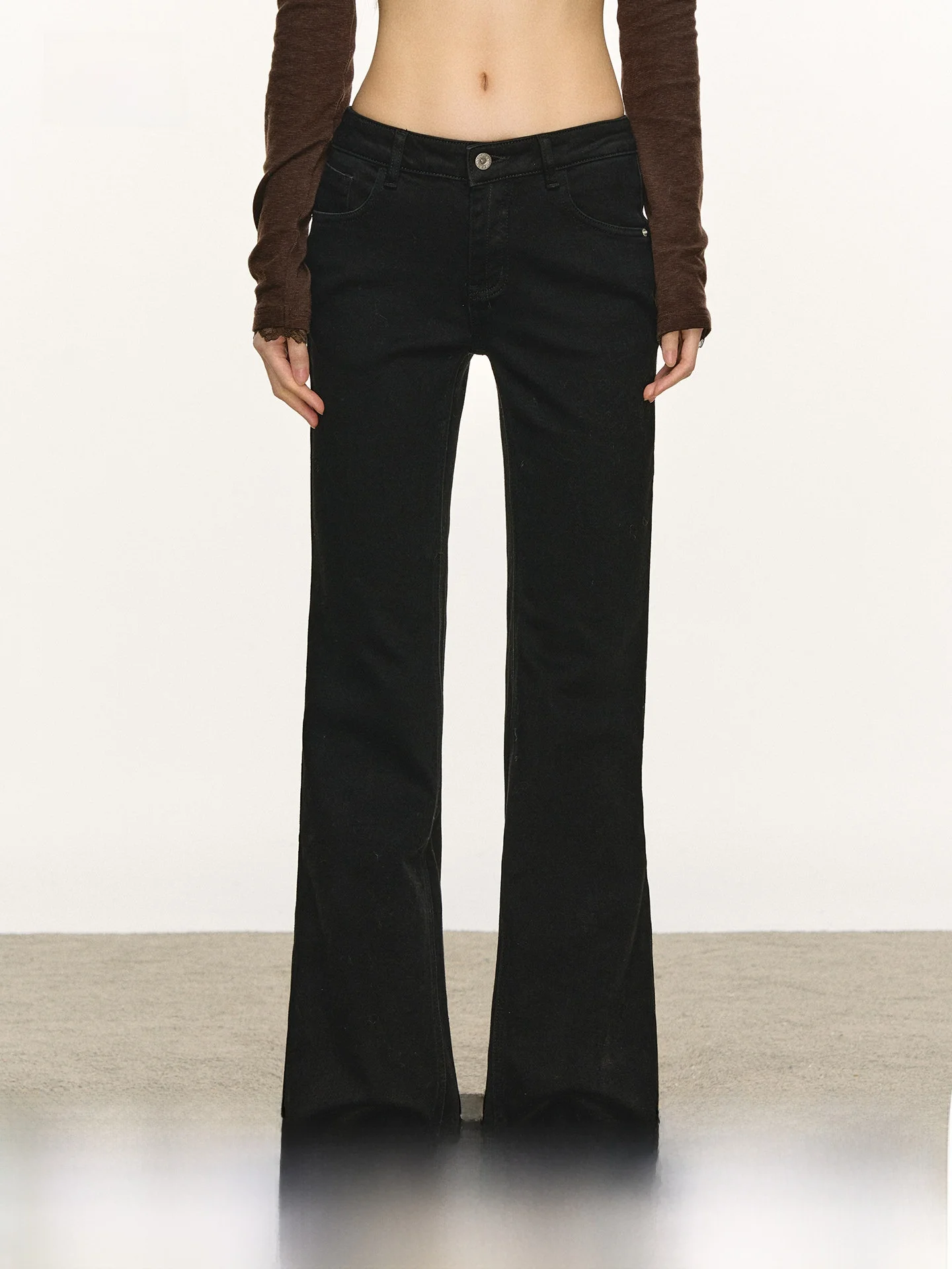 

Джинсы-клеш с низкой талией Anna Aneae для женщин, весна-осень, прямые, повседневные, однотонные, модные черные джинсы