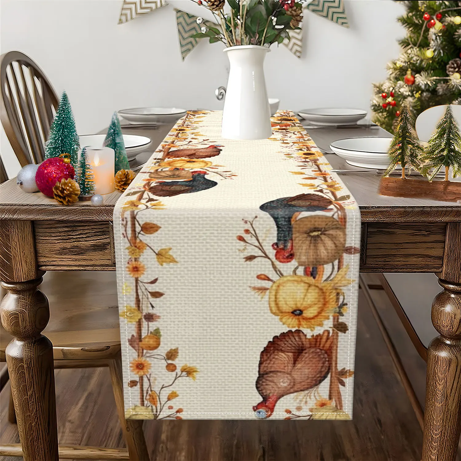1 Piece of Thanksgiving-Themed Table Runner, Featuring Turkeys, Sunflowers, and Pumpkins as Main Motifs, Suitable for Thanksgiving Family Gatherings, Holiday Decorations, and Other Occasions