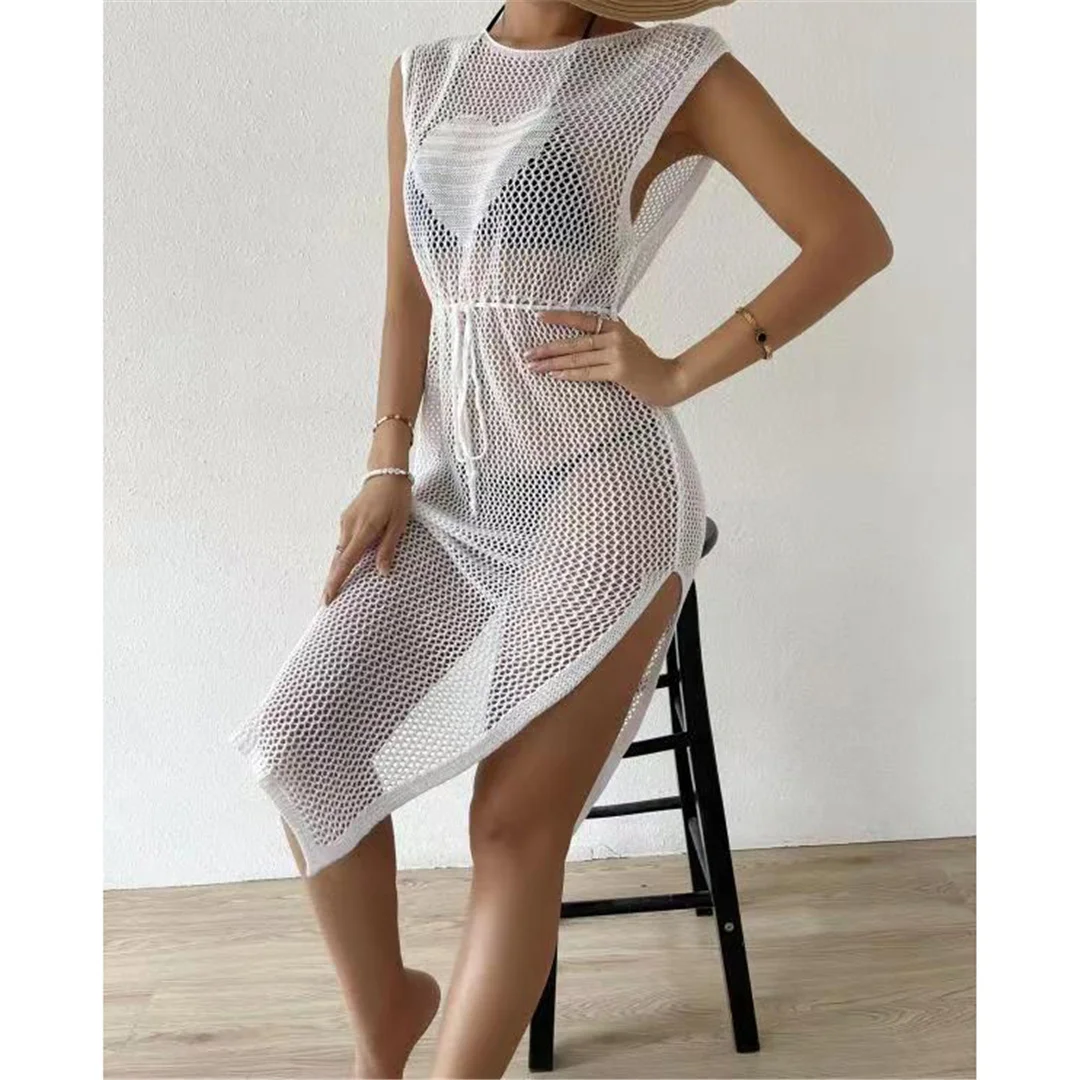 Neues, durchsichtiges, gehäkeltes, gestricktes Strandkleid mit Ausschnitten, Bikini-Überwurf, zweiteiliges Strandkleid, Strandmode, Damen V4221 – Detail 13