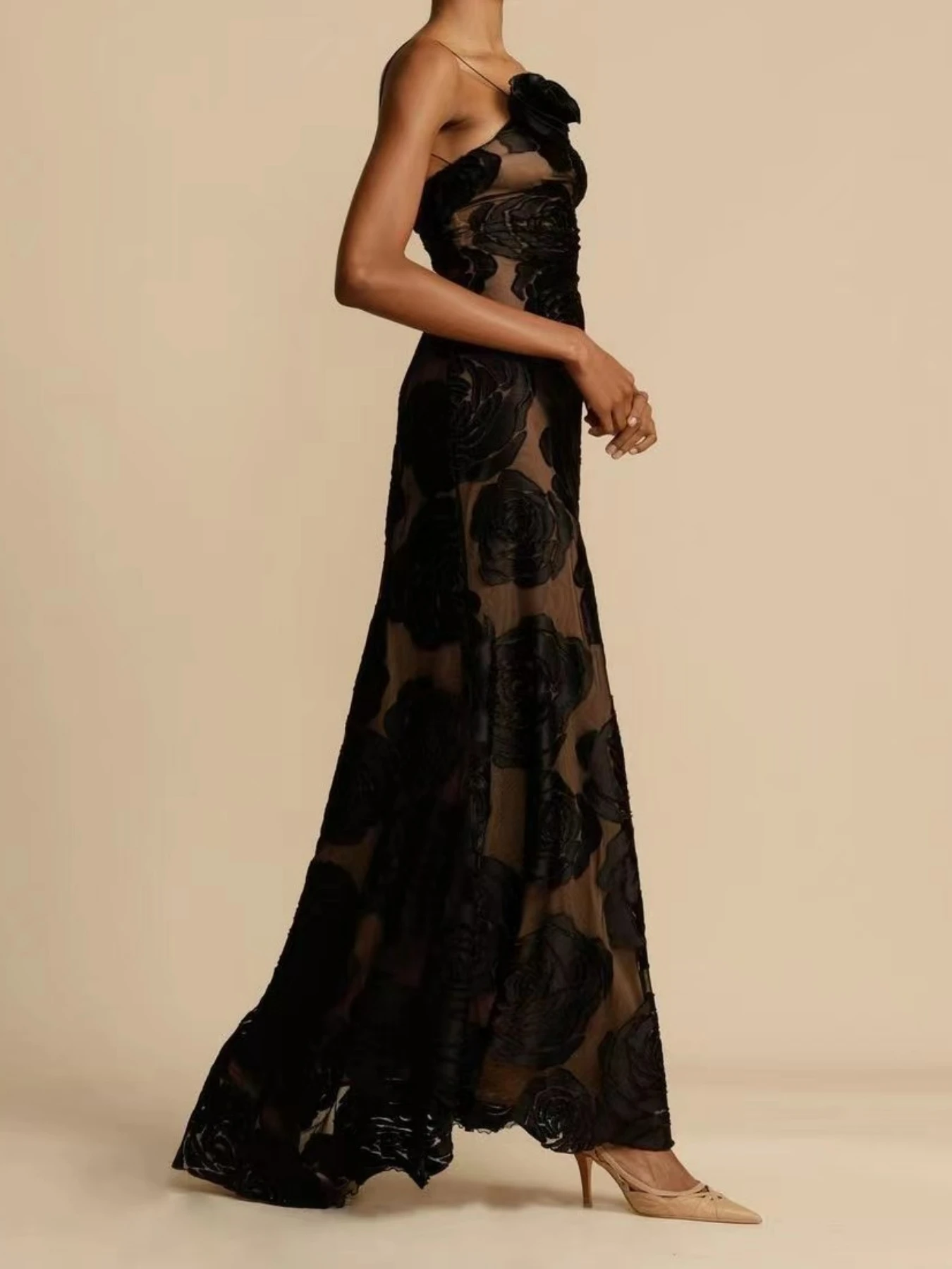 Mikydely New Black See-through Slip Dress Sexy Halter Long dress Evening Gown