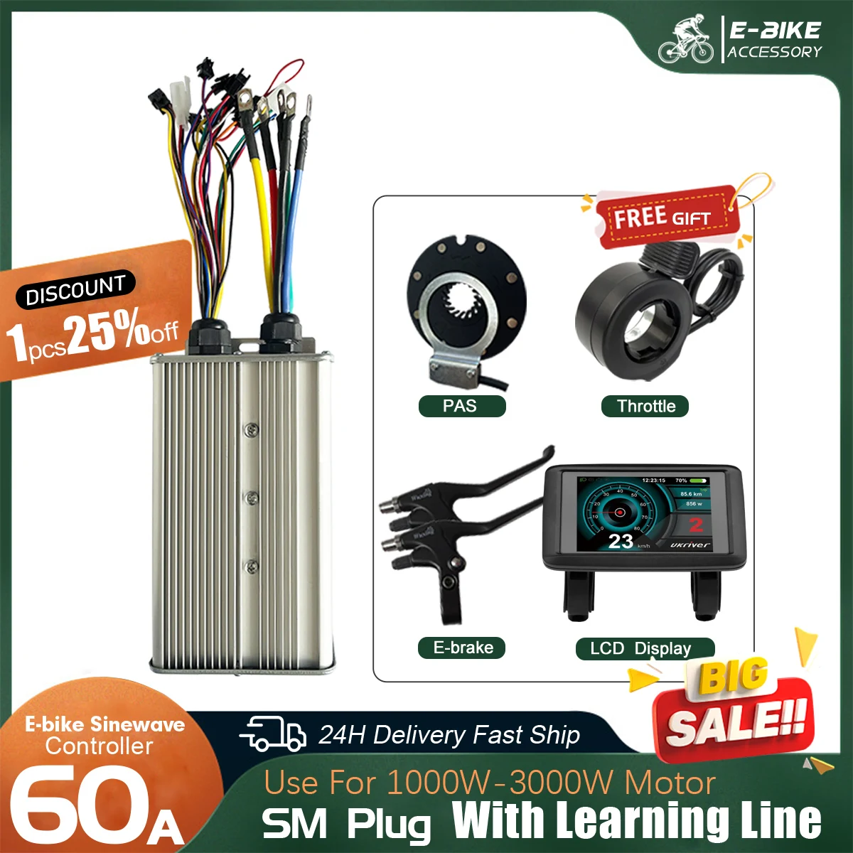 

48V 72A 2000W 3000W E-bike Sine Wave Brushless Motor Drive Controller with UKC1 LCD Display Kit for E-Mountain Bike Scooter