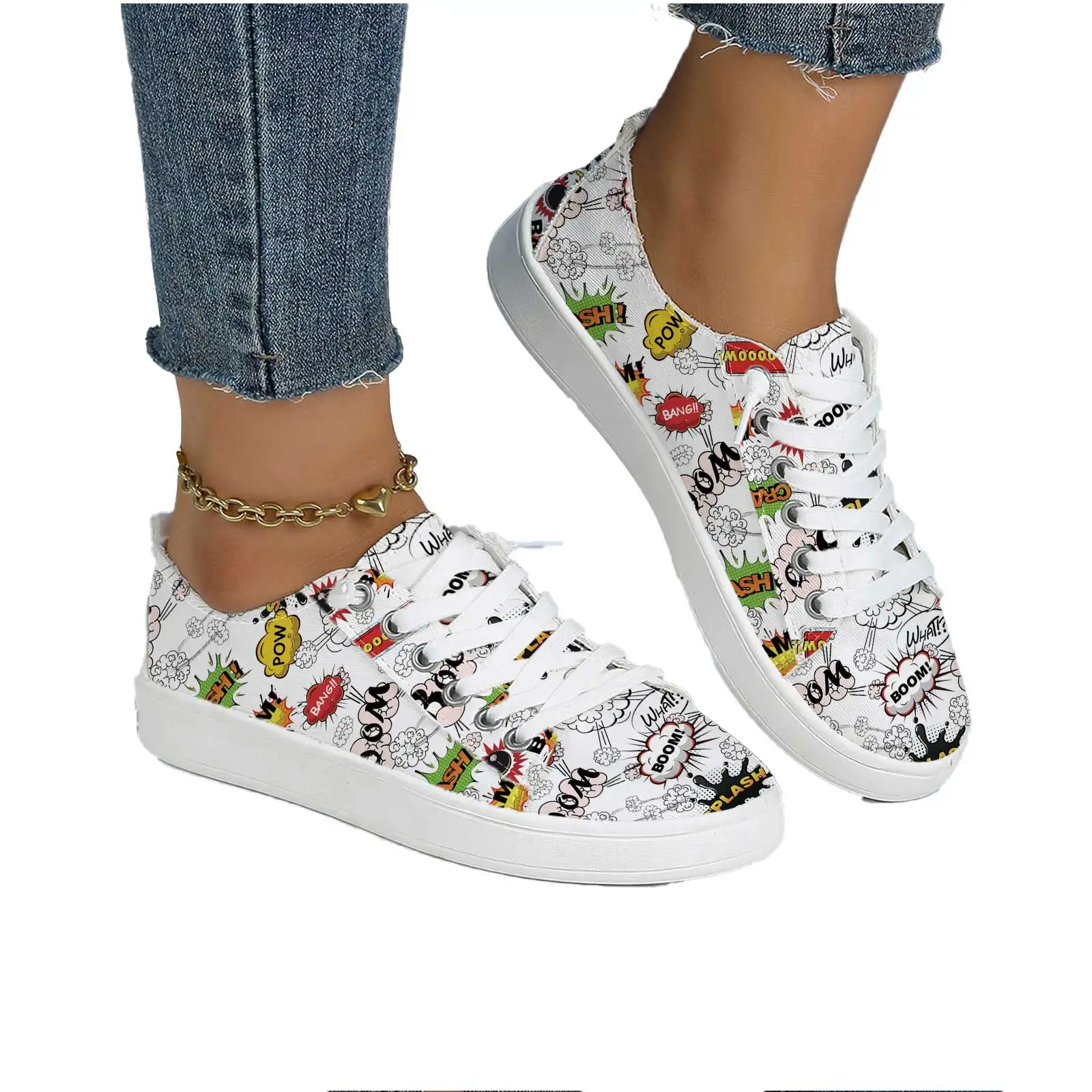 Women's Casual Sneakers, Cartoon Comic Print, Soft Sole Lace‑up Breathable for Festival Party Fashion Daily Wear