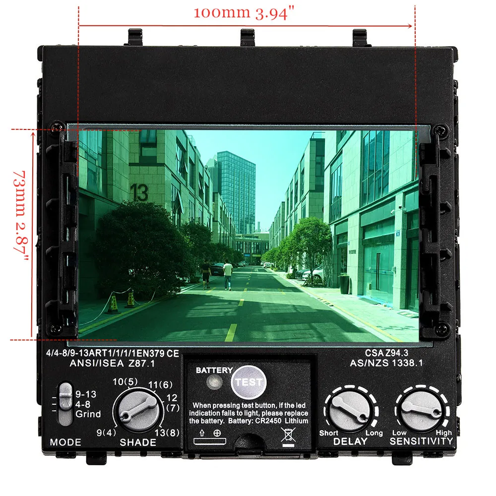 

Welding Filter View Size 100x73mm (3.94x2.87in.) Solar 4 Sensors Auto Darkening Best Optical Class 1111 Full Range Shade 4(3)-13