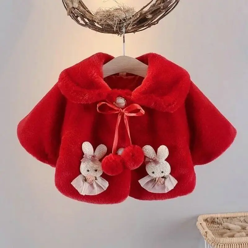 2023 Autumn Winter Baby Jacket Cute Christmas Little Princess Cloak Warm Faux Fur Coat For Girls Snowsuit Plush Infant Outerwear