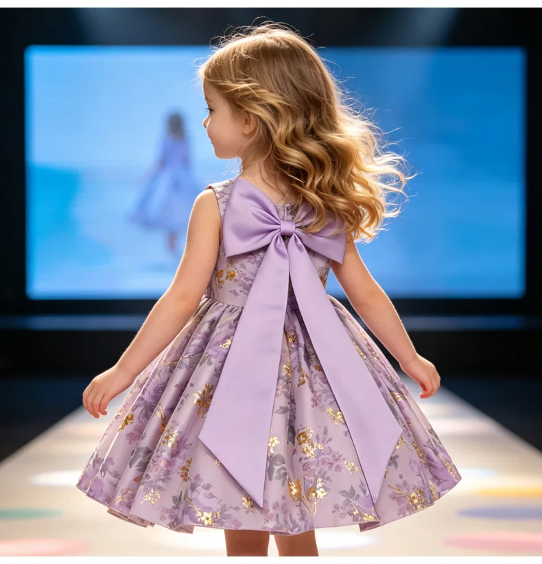 HETISO Girls Vintage Dress Purple Floral Print Sleeveless Princess Gown For Kids School Baby Casual Wear