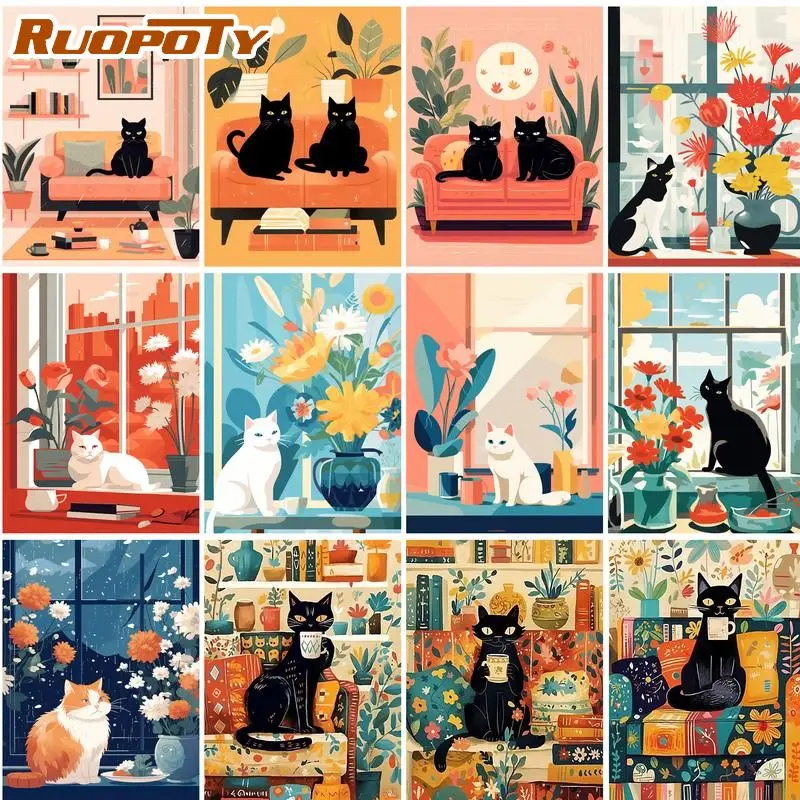 RUOPOTY Cat Paint By Numbers Handicraft Art Paintings On Number Animal Easy Acrylic on Canvas Handmade Coloring By Numbers
