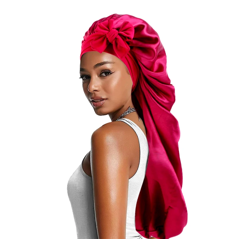 Women long Oversized Elastic Satin Bonnet Sleeping Cap With Ribbon Breathable Sleeping Cap Turban Sleep Headwear Bandanas