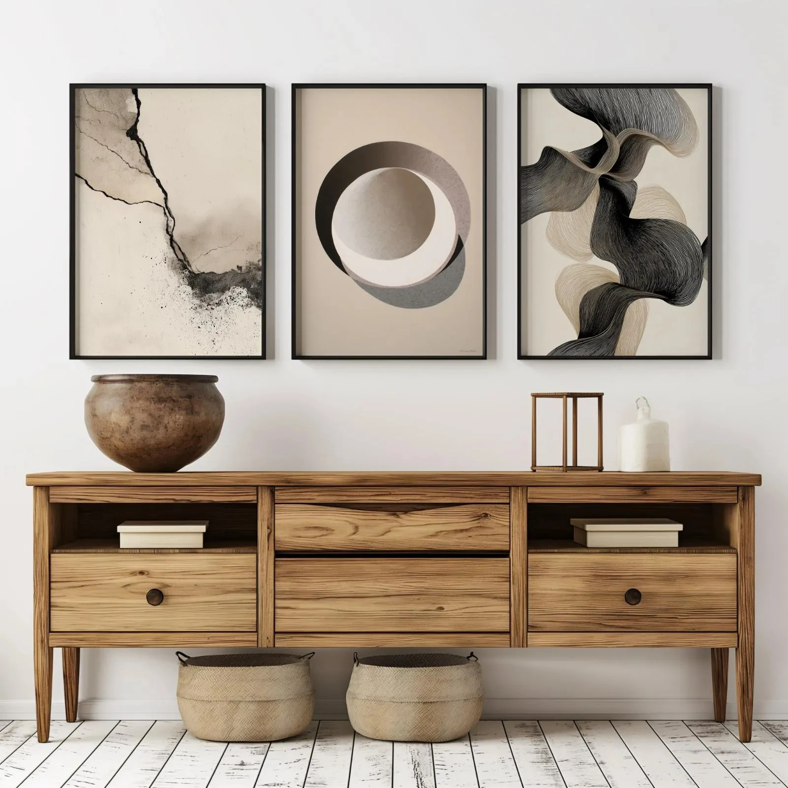 3PCS frameless decorative art print,Wabi Sabi Neutral Abstract Canvas Wall Art Set, Japandi Black Beige Prints, Minimalist Moder
