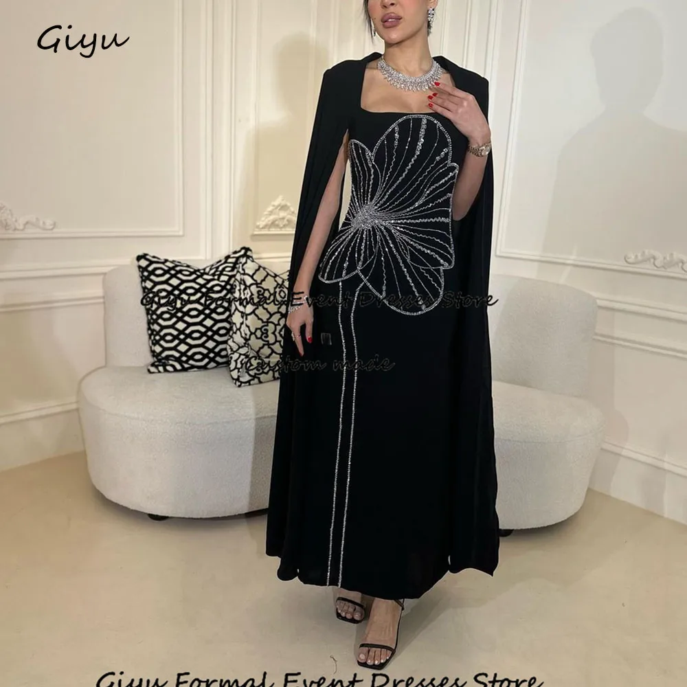 Giyu Elegant Black Prom Gown for Women Saudi Arabia Beading Ankle-Length Wedding Party Dress Evening Gown Dress