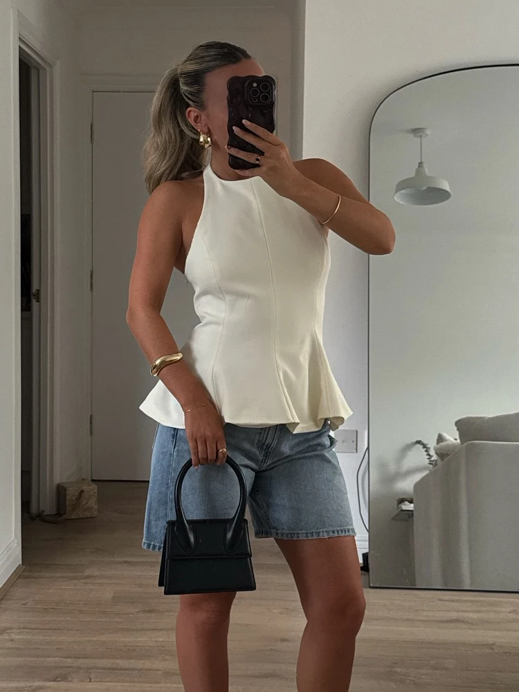 HH Frauen Sommer Neue Feste Hängenden Hals Kragen Ärmelloses 4-Farben-Top Weibliche Sexy Mode Backless Zipper Kurzen Rock Saum top