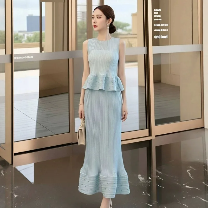 Miyake Pleated Summer Elegant Ruffled Set Simple and Elegant Two-Piece Set High Elasticity Pleated French Style Complete Set