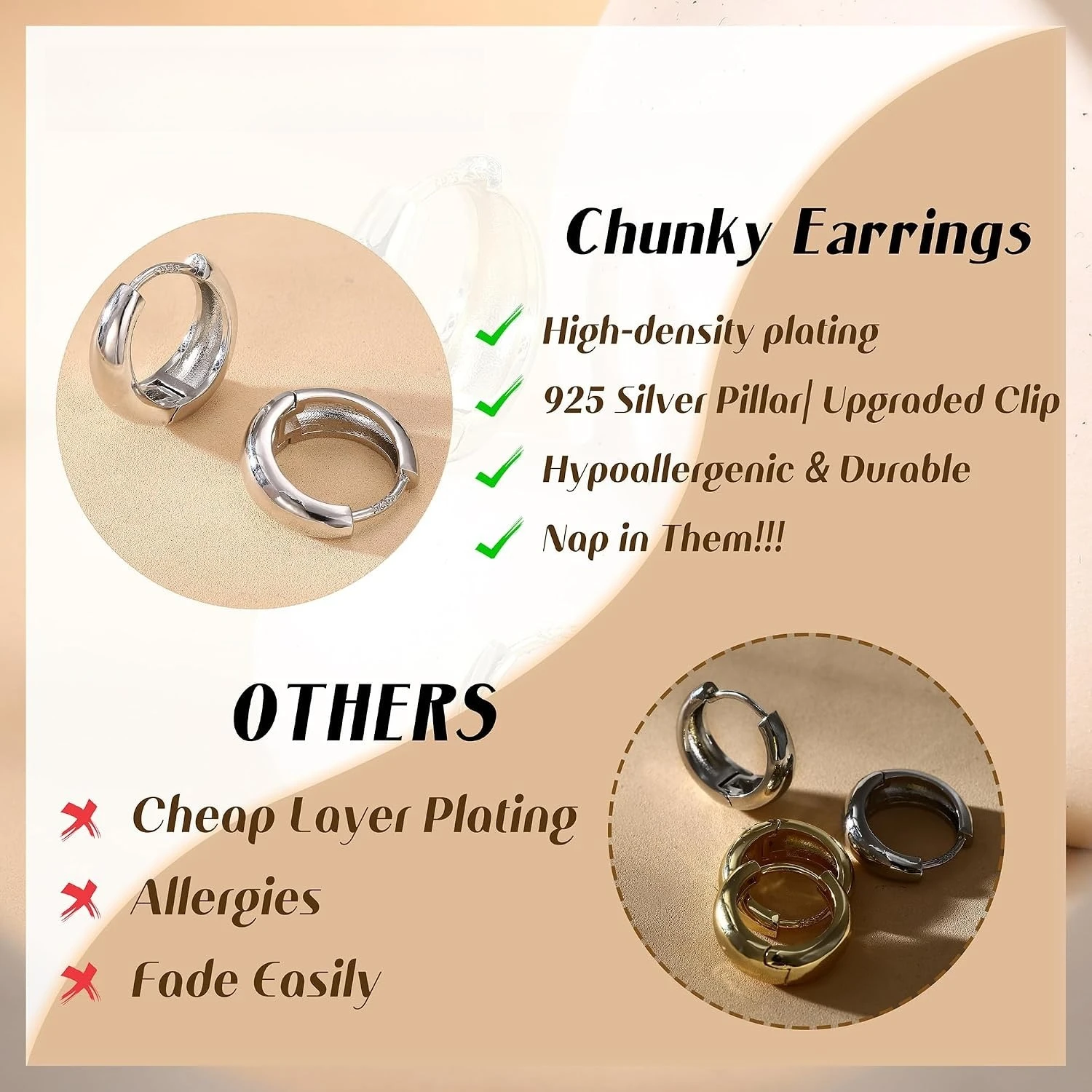 Fansilver Sterling Silver Hoop Earrings for Women Chunky 14K Gold Plated Earring Hypoallergenic Hoop Earring Lightweight Jewelry - view 4
