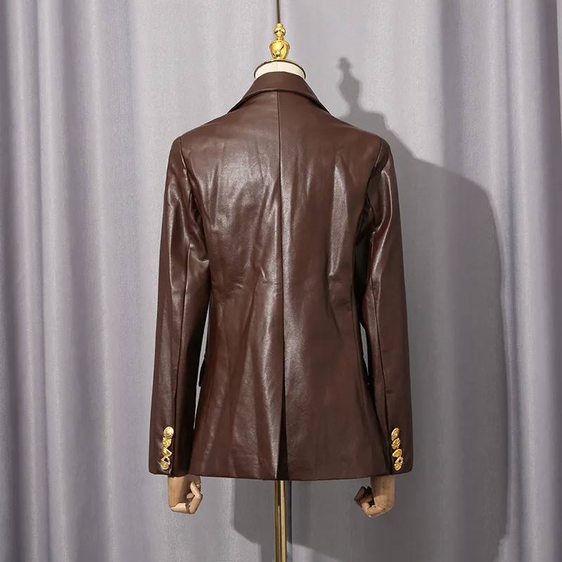 Hksh primavera outono nova jaqueta feminina de couro do plutônio cor sólida turn-down colarinho duplo breasted high-end blazer tendência casaco hk14189