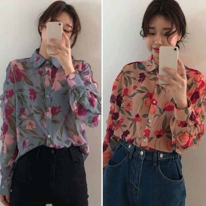 Summer Women\'s Chiffon Shirt Female Retro Fashion Flower Print V-Neck Top Floral Loose Elegant Long Sleeve Tops For Lady