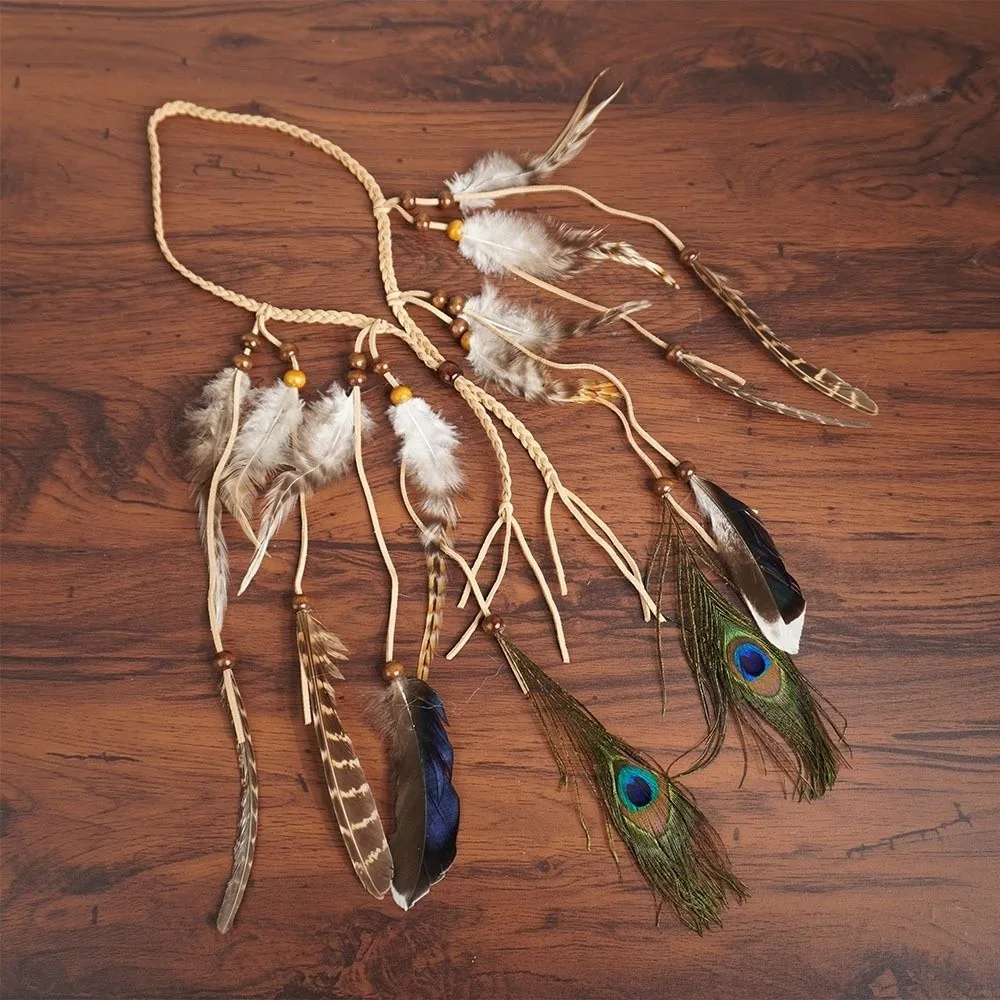 Cascading Tassels Long Feather Headpiece Braided Cord Hand-tied Plumage Bohemian Tassel Headband Slip-knot Adjuste