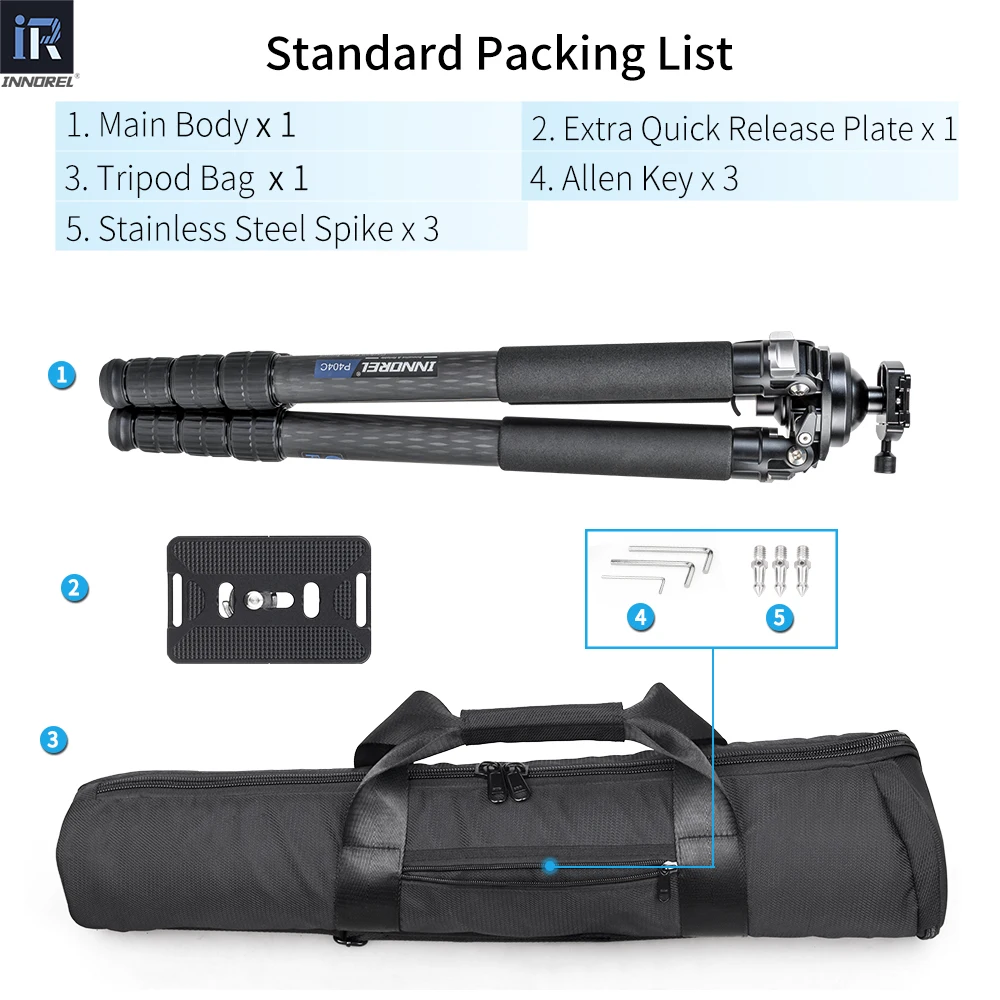 Tripé de fibra de carbono INNOREL P324C/P364C/P404C com montagem em cauda de andorinha Arca Swiss e 360 ° Esfera embutida para tiro e atividades ao ar livre