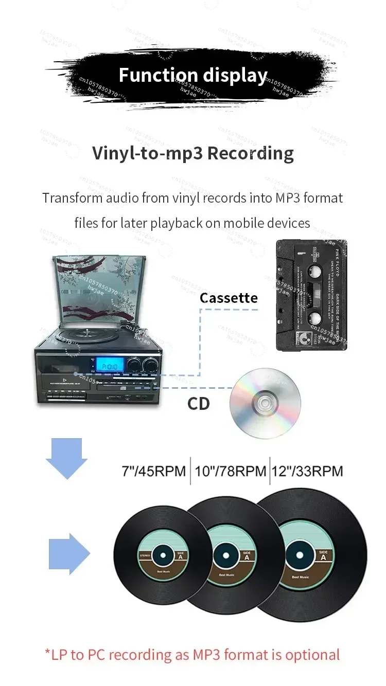All In One Vinyl Record Player Turntable Gramophone with External Speakers, AM FM Radio, Bluetooth & Cassette Player