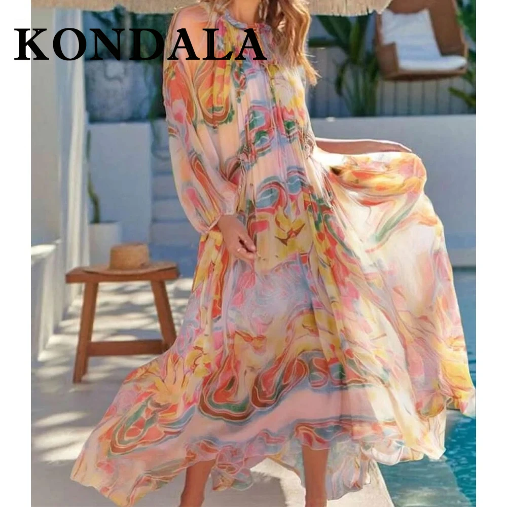 Kondala chique verão impressão floral elegante mulher vestidos moda 2025 drapeado midi vestidos longos shirring boêmio vintage vestidos