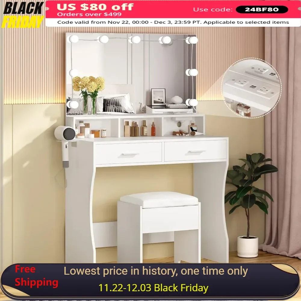 

Vanity Makeup Desk with Lighted Mirror & Power Outlet, 3 Lighting Colors & Brightness Adjustable, Dressers