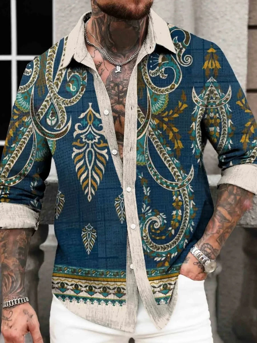 

2026 New Men's Ethnic Style Paisley Print Shirt, Color-Blocked Collar Long Sleeve Casual Street Style Button-Up Shirt, Fast Ship