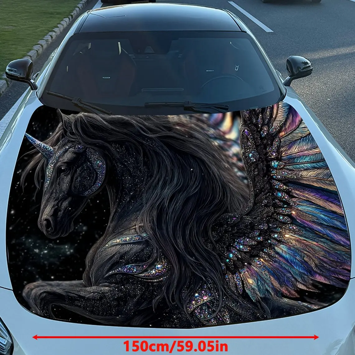 Colorful Pegasus Print Car Hood Decal Sticker - Durable PVC Vinyl Wrap For Most Vehicles, Eye-Catching Cool Pattern Design, Engi