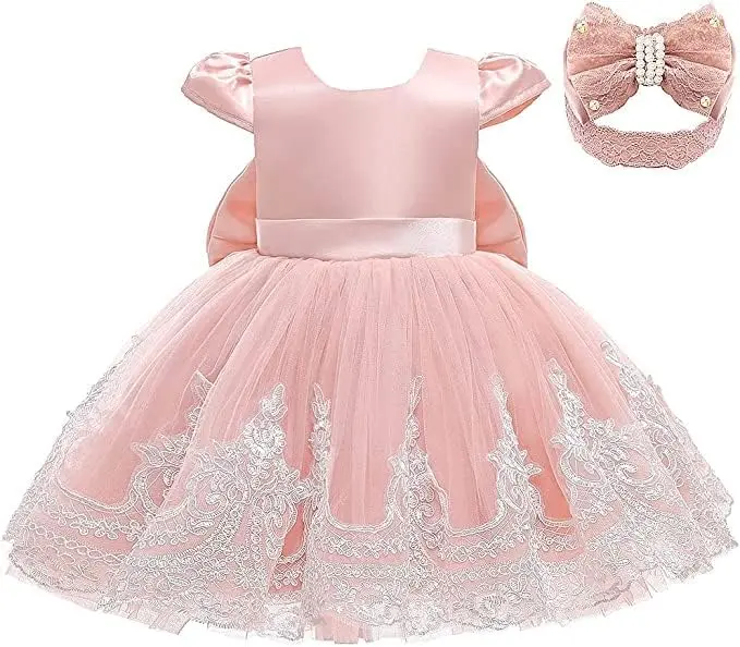 Kleinkind Baby Stickerei Kleid Elegantes Mädchen Kleid Satin Große Schleife Tüll Kleid V Zurück Prom Hochzeit Geburtstag Party Formale Taufe Kleid – Detail 7